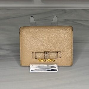 MIU MIU Beige Leather Bifold Wallet Bow Logo | Compact Designer Wallet